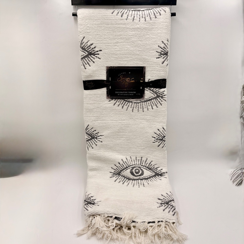 Spooky Night Decorative Throw Blanket White Black Evil Eye Print Fringe 50x70